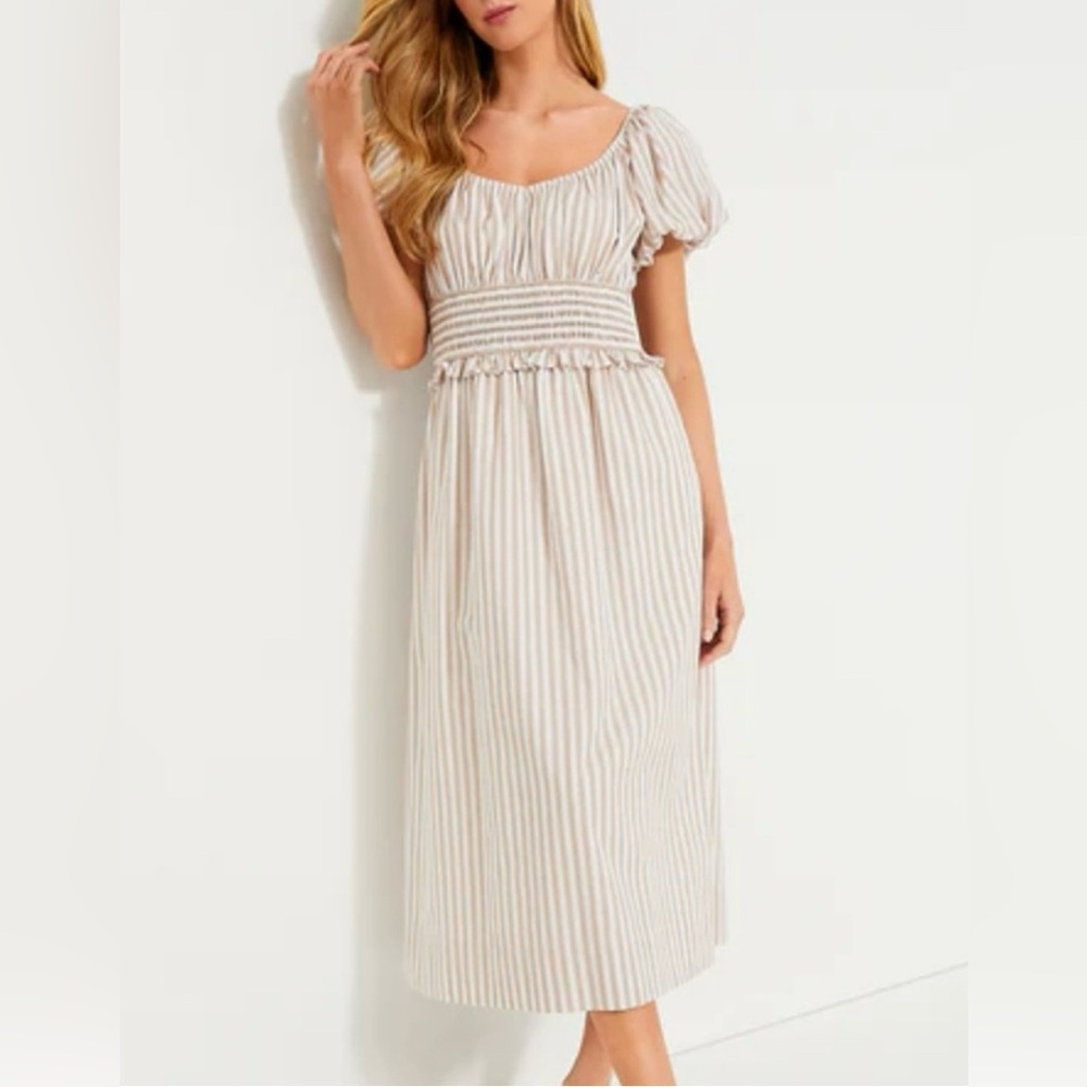 Pomander Place tan striped Flynn midi dress